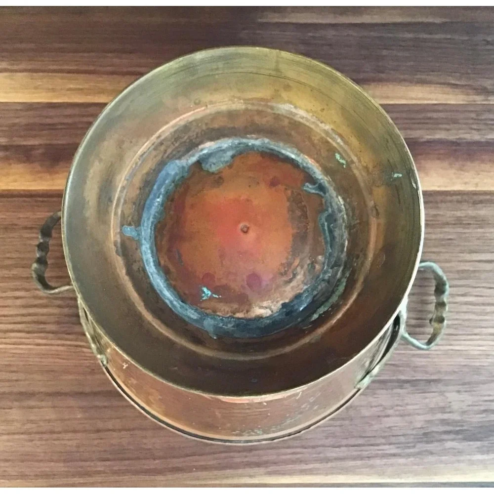 VTG Hammered Copper Bucket Brass Footed Ornate Handles Verdigris Patina 6.75x8.5
